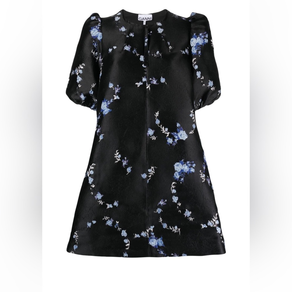 GANNI Puff-Sleeve Floral Jacquard A-Line Minidress - NWT